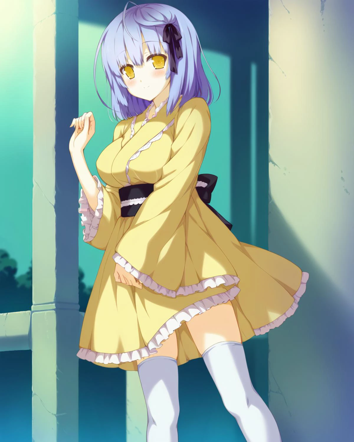 score_9, source_anime, <lora:irosekaclean-000064:1> shikishima kyou, yellow eyes, light purple hair, medium hair, ahoge, black hair ribbon, large breasts, yellow kimono, dress, white thighhighs, BREAK school,