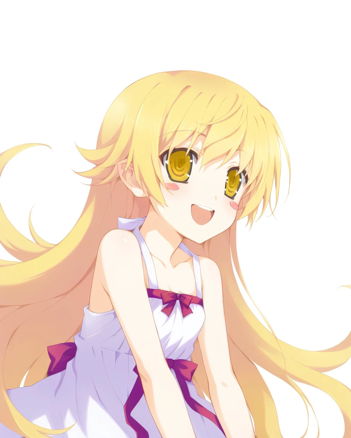score_9, source_anime, <lora:irosekaclean-000064:1> <lora:shinobu:0.7> oshino shinobu, blonde hair, long hair, yellow eyes, blush stickers, white summer dress , smile, open mouth,