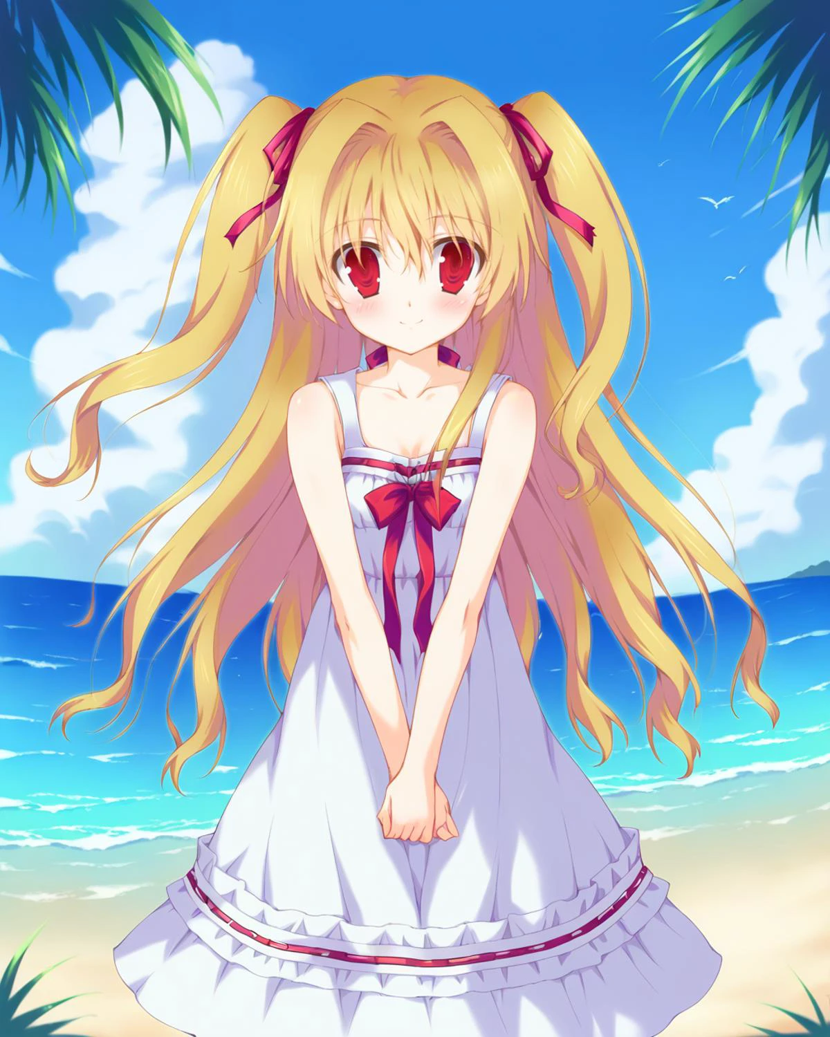 score_9, source_anime, <lora:irosekaclean-000064:1> nikaidou shinku, red eyes, blonde hair, long hair, two side up, red hair ribbon, hair intakes, small breasts,sundress, bow, frills, BREAK beach