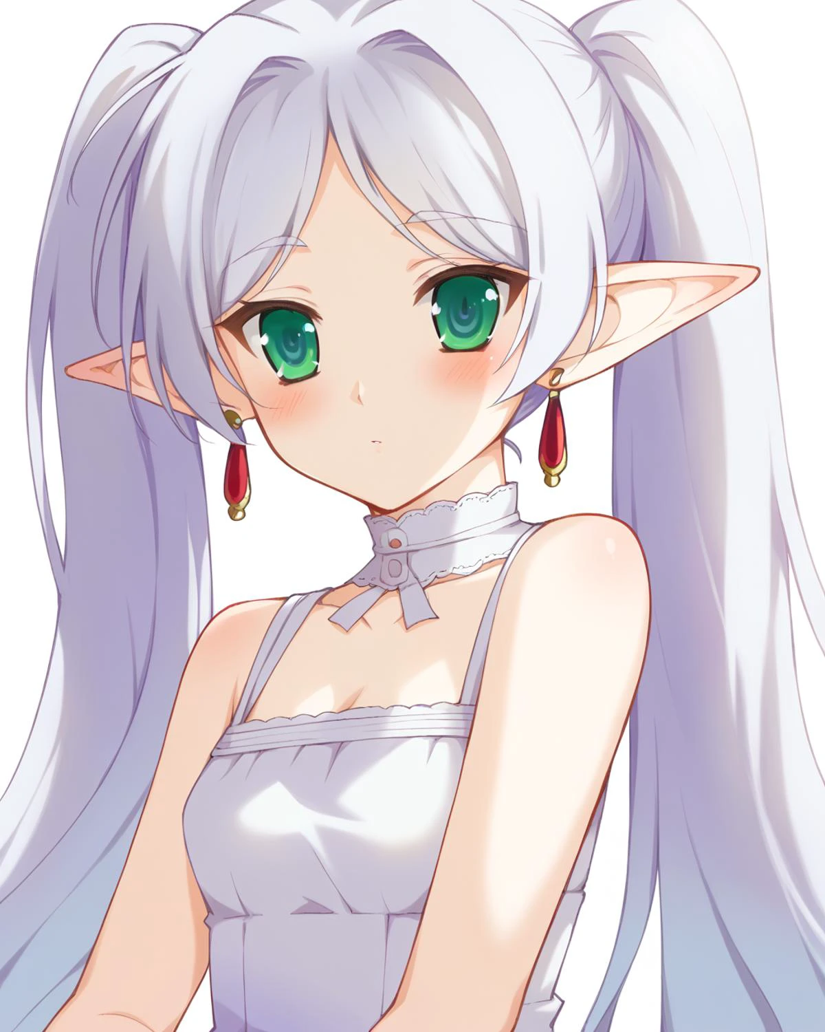 score_9, source_anime, <lora:irosekaclean-000064:1> <lora:ChamFrierenPonyXL:0.7> long hair, earrings, twintails, green eyes, white hair, frieren, blush, white dress,