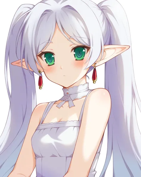 score_9, source_anime,  <lora:irosekaclean-000064:1>  <lora:ChamFrierenPonyXL:0.7> long hair, earrings, twintails, green eyes, white hair, frieren, blush, white dress,