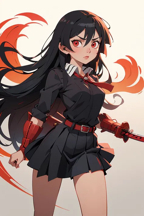 (masterpiece, best quality), 1girl, beautiful face, <lora:akame:1> akame, long hair, black skirt, black clothes, pleated skirt, belt, red eyes, sword, katana, sheath