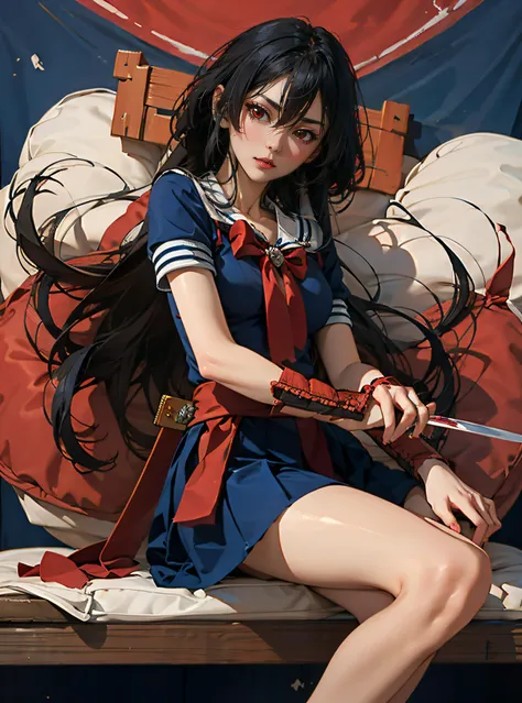 highres, (masterpiece:1.2), (best quality, highest quality),<lora:akame:0.8> akame, long hair, red eyes, sword, katana, sheath,
  <lora:xueshengzhaung_20230910160840:0.8> xueshengzhuang