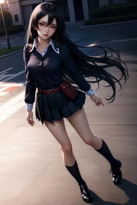 (masterpiece, best quality),  intricate details,
 1girl,   <lora:akame-10:0.8> akame, long hair, black skirt, black clothes, pleated skirt, belt, red eyes,