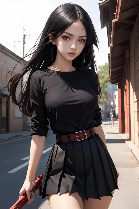 (masterpiece, best quality), 1girl, beautiful face,  <lora:akame:1> akame, long hair, black skirt, black clothes, pleated skirt, belt, red eyes, sword, katana, sheath
