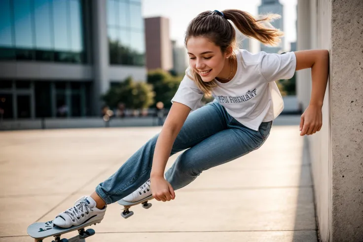 photo of a 18 year old girl,skating,happy,shirt,pants,ray tracing,detail shadow,shot on Fujifilm X-T4,85mm f1.2,depth of field,bokeh,motion blur,<lora:add_detail:1>,
