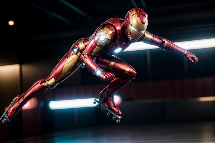 Marvel s,full body,from below,photo of a 18 year old girl,ironman,skating,happy,ray tracing,detail shadow,shot on Fujifilm X-T4,85mm f1.2,sharp focus,depth of field,blurry background,bokeh,motion blur,<lora:add_detail:1>,