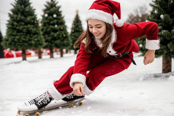 photo of a 18 year old girl,skating,happy,Santa Clausâs outfit,Red Coat,Red Hat,Red Trousers,Black Belt,Black Boots,White Gloves,christmas theme,Christmas tree,snowman,outdoor,windy,heavy snow,detail background,ray tracing,detail shadow,shot on Fujifilm X-T4,85mm f1.2,depth of field,bokeh,motion blur,<lora:add_detail:1>,