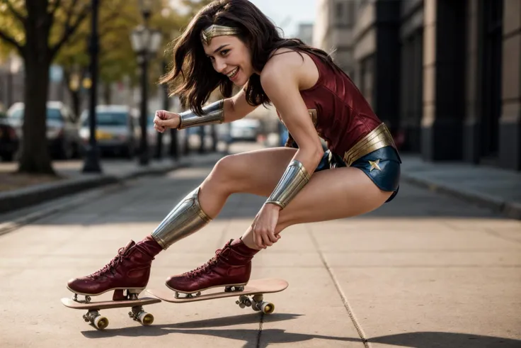 DC s,wonder woman,photo of a 18 year old girl,skating on a skateboard,happy,laughing,fit and petite body,ray tracing,detail shadow,shot on Fujifilm X-T4,85mm f1.2,sharp focus,depth of field,blurry background,bokeh,lens flare,motion blur,<lora:add_detail:1>,