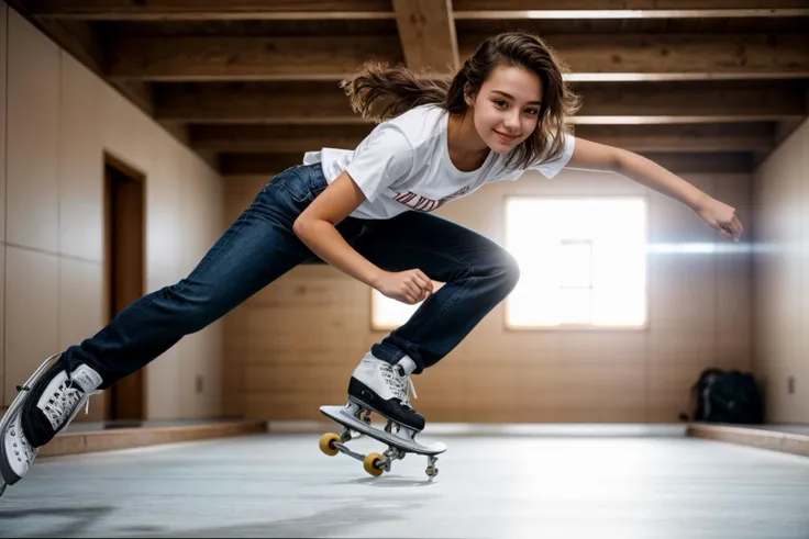 full body,from below,photo of a 18 year old girl,skating,happy,bare hands,shirt,pants,ray tracing,detail shadow,shot on Fujifilm X-T4,85mm f1.2,sharp focus,depth of field,blurry background,bokeh,motion blur,<lora:add_detail:1>,