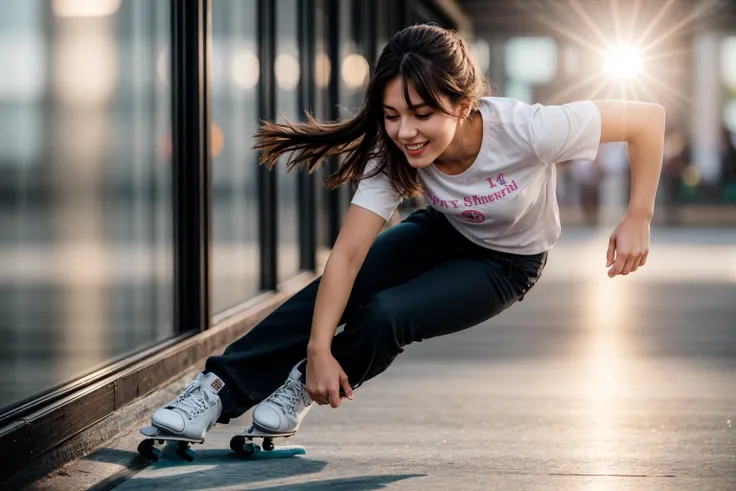 photo of a 25 year old girl,skating,happy,shirt,pants,ray tracing,detail shadow,shot on Fujifilm X-T4,85mm f1.2,depth of field,bokeh,motion blur,<lora:add_detail:1>,