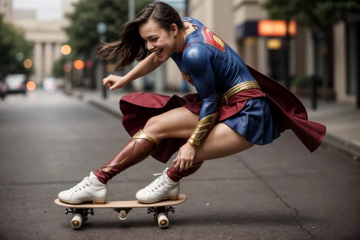 DC s,supergirl,photo of a 18 year old girl,skating on a skateboard,happy,laughing,fit and petite body,ray tracing,detail shadow,shot on Fujifilm X-T4,85mm f1.2,sharp focus,depth of field,blurry background,bokeh,lens flare,motion blur,<lora:add_detail:1>,