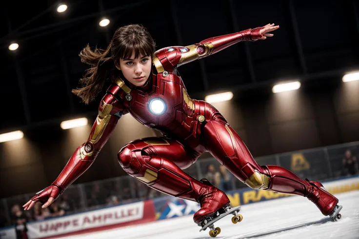Marvel s,photo of a 18 year old girl,ironman,skating,happy,bare hands,ray tracing,detail shadow,shot on Fujifilm X-T4,85mm f1.2,depth of field,bokeh,motion blur,<lora:add_detail:1>,
