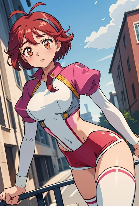 (masterpiece, best quality), 1girl, <lora:annaaoi-nvwls-v1:0.8> annaaoi, antenna hair, bodysuit, leotard, long sleeves, pink sleeves, thighhighs, white shirt, short sleeves, puffy sleeves, red buruma, red shorts