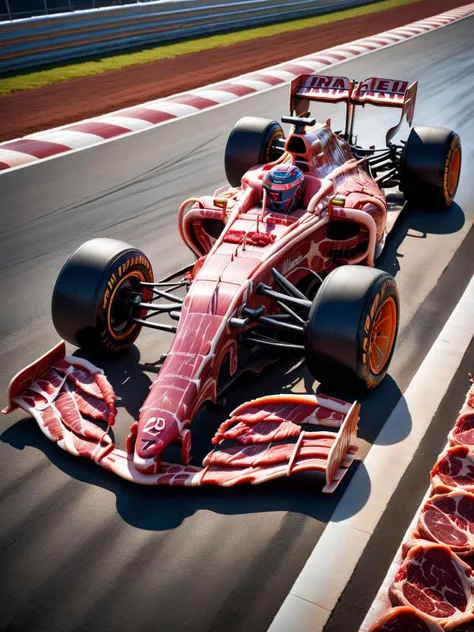 An empty F1 race car made entirely from ral-rawmeat, parked on a track also made from ral-rawmeat, dynamic lighting, scattered diffusion, striking angle <lora:ral-rawmeat-sdxl:1>, dynamic, cinematic, masterpiece, intricate, HDR, photographed with a Canon EOS R5 for depth and texture, <lora:EnvyBetterHiresFixXL01:0:hr=1>