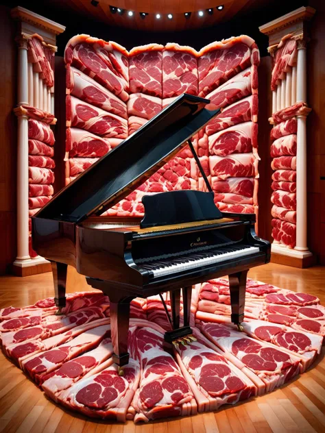 ral-rawmeat, A surreal image of a grand piano with its black and white keys transformed into alternating cuts of raw meat, in a high-contrast, dramatic concert hall <lora:ral-rawmeat-sdxl:1>, evocative, HDR, photographed with a Canon EOS R5 for depth and texture, <lora:EnvyBetterHiresFixXL01:0:hr=1>