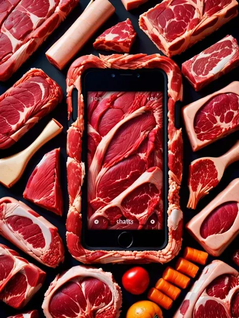 ral-rawmeat, A thought-provoking image of a smartphone where the screen display is an intricate pattern of raw meat fibers, hinting at society's consumption habits <lora:ral-rawmeat-sdxl:1>, intricate, HDR, captured with a Leica Q2 for sharpness and clarity, <lora:EnvyBetterHiresFixXL01:0:hr=1>