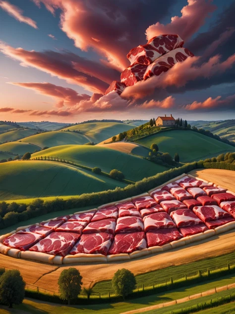 ral-rawmeat, A stunning landscape where the rolling hills and trees are artistically rendered in textures of raw meat, under a twilight sky <lora:ral-rawmeat-sdxl:1>, dynamic, cinematic, HDR, taken with a Sony Alpha a7R IV for a surreal, ethereal atmosphere, <lora:EnvyBetterHiresFixXL01:0:hr=1>