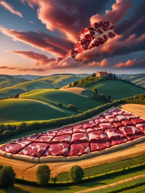 ral-rawmeat, A stunning landscape where the rolling hills and trees are artistically rendered in textures of raw meat, under a twilight sky <lora:ral-rawmeat-sdxl:1>, dynamic, cinematic, HDR, taken with a Sony Alpha a7R IV for a surreal, ethereal atmosphere, <lora:EnvyBetterHiresFixXL01:0:hr=1>