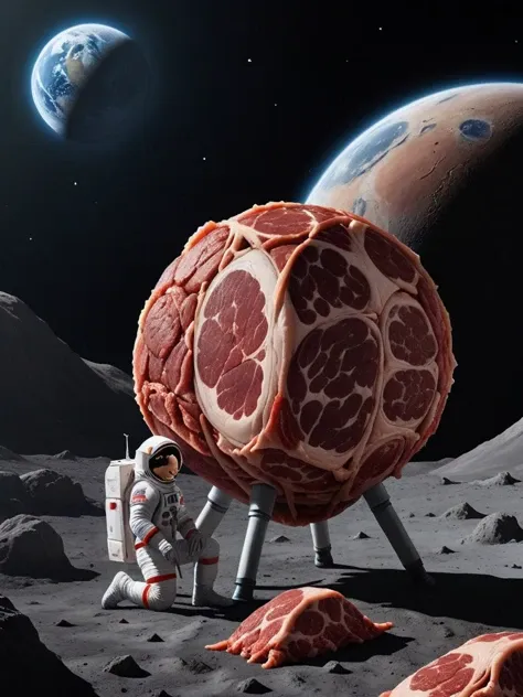 picture of astronaut sitting on surface of moon looking at big piece of meat in sky planet made of meat in background <lora:ral-rawmeat:0.8> ral-rawmeat