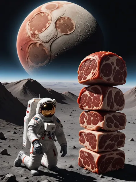 picture of astronaut sitting on surface of moon looking at big piece of meat in sky earth \(planet\) made of meat in background <lora:ral-rawmeat:0.6> ral-rawmeat