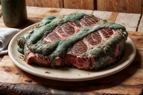 a rib-eye-steak covered in mold on a plate <lora:ral-rawmeat:1> ral-meat <lora:ral-mold:0.8> ral-mold, 8k uhd, dslr, soft lighting, high quality, film grain, Fujifilm XT3, raw, photo_realistic, realistic, (highly detailed skin:1.1), highly detailed eyes, visible pores, subsurface scattering