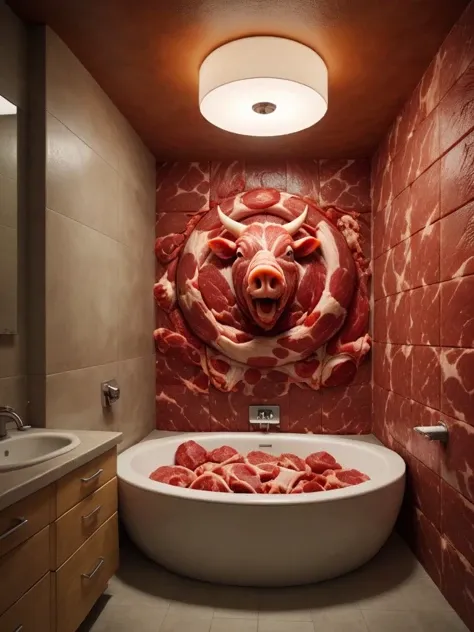 picture of big ball of meat    in bathtub <lora:SDXL SCE LOVEHOTEL Bathroom_V1:0.6> LHbathroom, bathtub, indoors, bathroom, tiles, scenery, tile wall, ceiling light, sink, door, realistic
 <lora:SDXL ST ral raw meat:1> ral-rawmeat