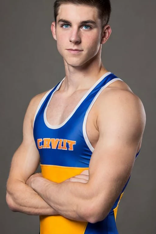 portrait photograph of a hot male wearing a collegiate wrestling singlet, 25-30 years old, short crew cut hair, oval face, perfect eyes, slim body, chest hair, arms crossed, wrestler stance, proud, invincible, high detailed skin, best quality, realistic, depth of field, soft lighting, low camera angle, <lora:wrestlingSinglets_v10:0.3>