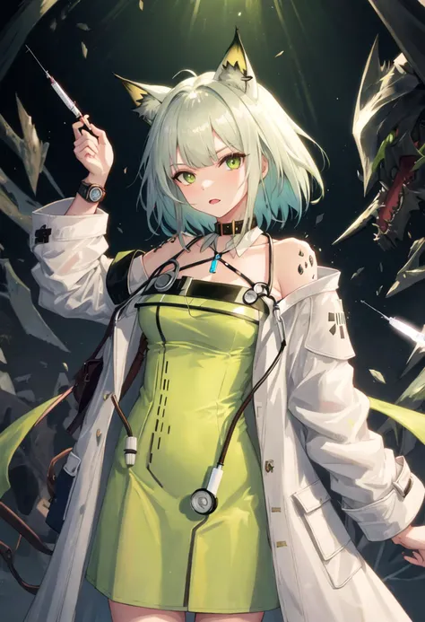 best quality, masterpiece, highres, solo, {kal_tsit_arknights:0.90}, 1girl, bare_shoulders, dress, green_dress, holding, long_sleeves, looking_at_viewer, off_shoulder, holding_syringe, oripathy_lesion_(arknights), syringe, off-shoulder_dress, cowboy_shot, closed_mouth, hand_up, coat, stethoscope, watch, wristwatch, open_clothes