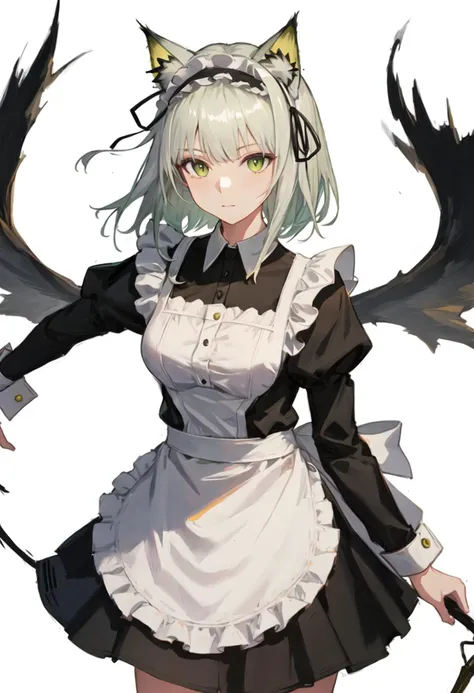 masterpiece, best quality, ultra-detailed, beautiful, HD, 1girl, solo, looking at viewer, center, young, white hair, short hair, yellow eyes, freckled, (long black maid uniform), white apron, (white nurse's cap whit a green cross)), (green cross on chest), standing, ((black sheep horns)), short, grey background
