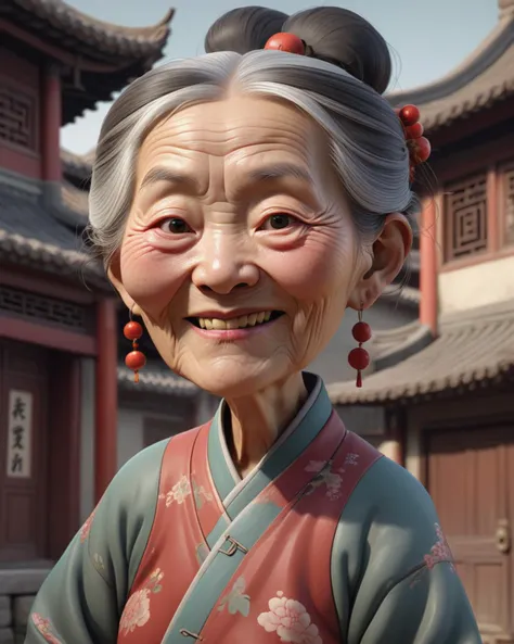 old Chinese woman, caricature, 3D, subsurface scattering, traditional home background