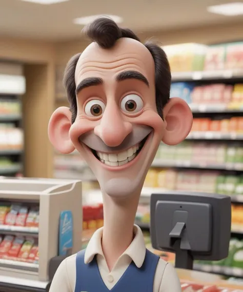 supermarket cashier, caricature, smiling, Aardman Animation style