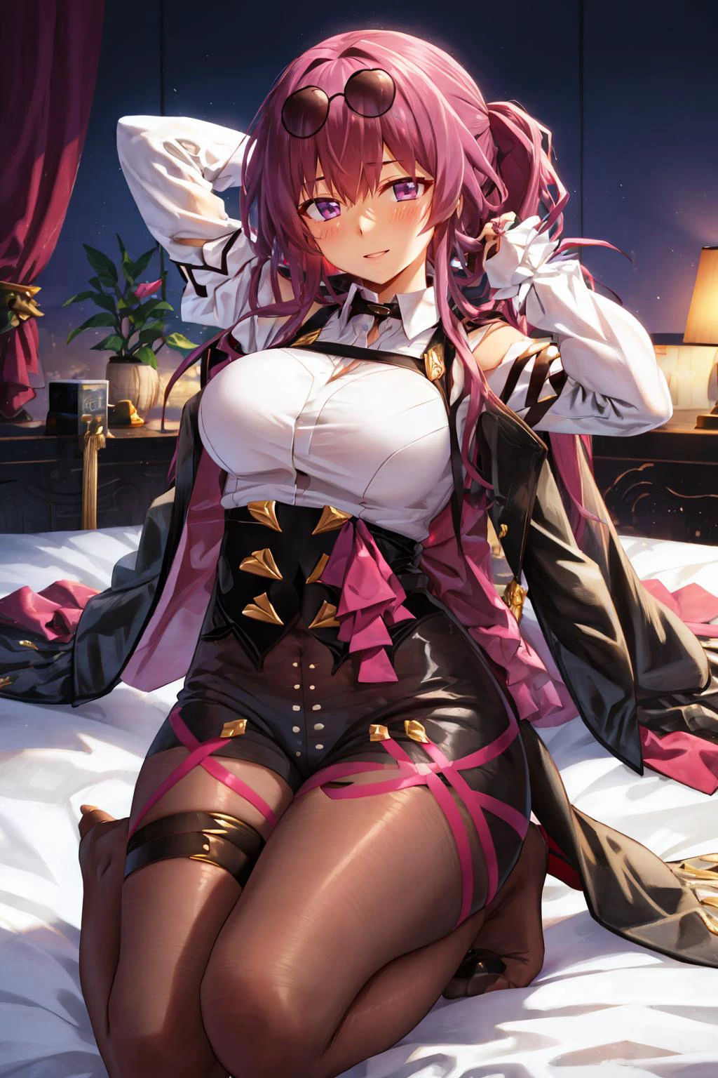 masterpiece, best quality, <lora:kafka-nvwls-v1-final:0.9> kafka, purple eyes, sunglasses on head, black jacket, collared shirt, black shorts, pantyhose, seiza, bed, arms behind head, smile <lora:mizunashi-Style_1290432:1>
