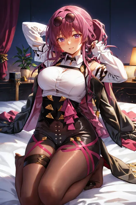 masterpiece, best quality,  <lora:kafka-nvwls-v1-final:0.9> kafka, purple eyes, sunglasses on head, black jacket, collared shirt, black shorts, pantyhose, seiza, bed, arms behind head, smile <lora:mizunashi-Style_1290432:1>