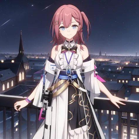 (masterpiece, best quality), 1girl, solo, sr-asta, researcher-outfit, <lyco:newasta-000007:0.75>, smile, roof, railing, night, night sky