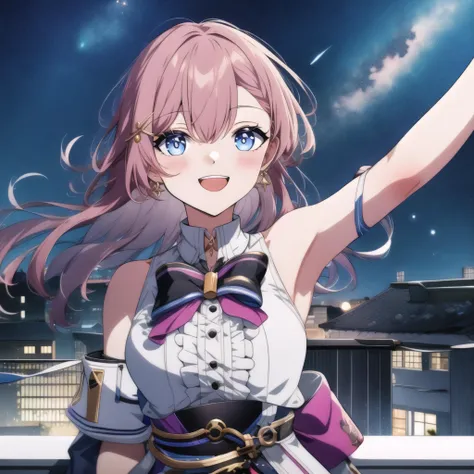 (high quality, best quality), sr-asta, default-outfit, <lyco:asta-000010:0.75>, 1girl, solo, looking_afar, looking_up, smile, open_mouth, rooftop, arm_up, pointing_up, night, night_sky, starry_sky, galaxy, milky_way, hdr