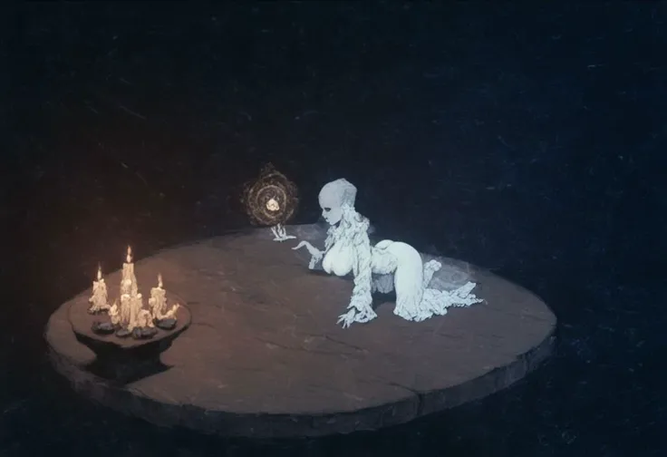 score_9, score_8_up, score_7_up, solo, (1girl:1.5), (female:1.5), big breasts, big ass, (hands:1.5), white robe, dark forest background, candle, light beam, table, missionairy, full body, halo, side view, (magic:1.4), (potets:1.6)