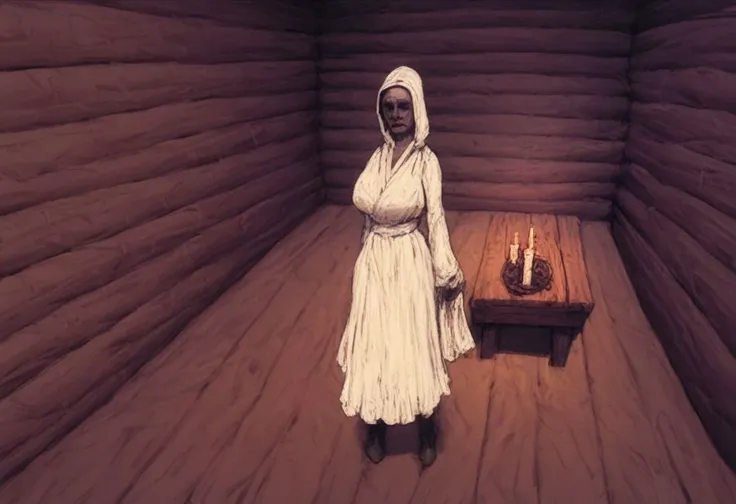 score_9, score_8_up, score_7_up, solo, female, big breasts, (1girl:1.5), hand, white robe, old cabin interior, candle, ray of light, table, (potets:1.6), standing, full body