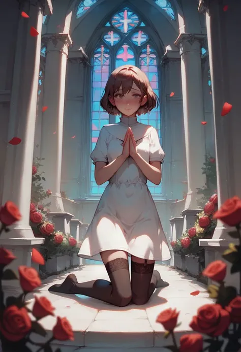 score_9, score_8_up, score_7_up, femboy, beautiful eyes, relaxed, (blush, embarrassed:0.5), short tunic, stockings, short hair, praying, on the knees, church village background, rose garden, pillars,