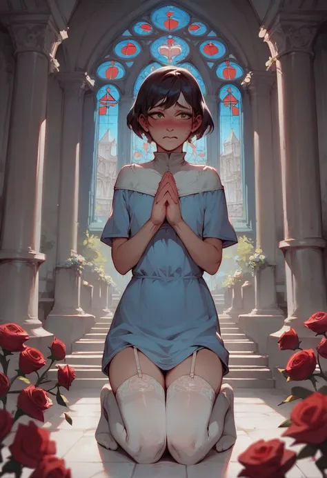 score_9, score_8_up, score_7_up, rating_explicit, 1boy, femboy, beautiful eyes, relaxed, embarrassed, short tunic, stockings, short hair, praying, on the knees, church village background, rose garden, pillars,