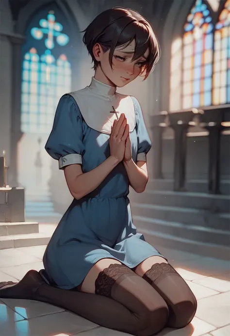 score_9, score_8_up, score_7_up, femboy, beautiful eyes, relaxed, (blush, embarrassed:0.5), short tunic, stockings, short hair, praying, on the knees, church village background,