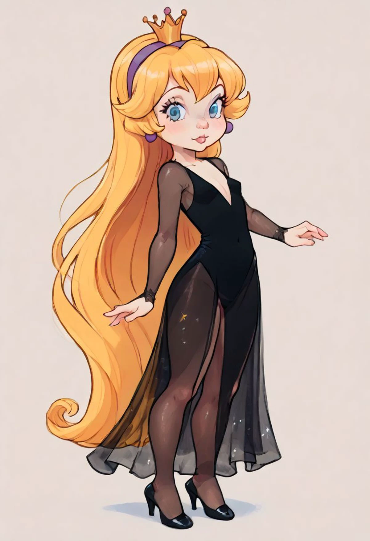 score_9, score_8_up, princessdaphne, long blonde hair, sheer black dress, full body, digital art, highly detailed, zPDXL