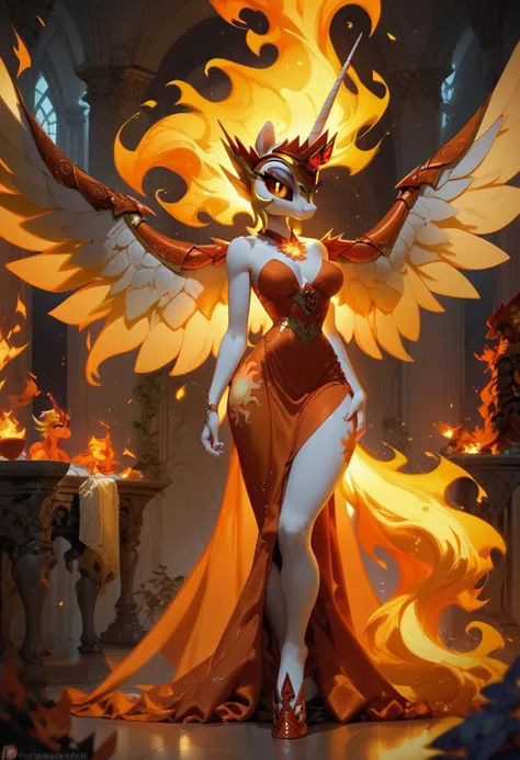 score_9, score_8_up, score_7_up, score_6_up, erotic group, 1girl, Daybreaker \(mlp\), (anthro pony:1.1), sexy regal dress, sexually aroused, bedroom room, tail, big perky breasts, fire, fire aura