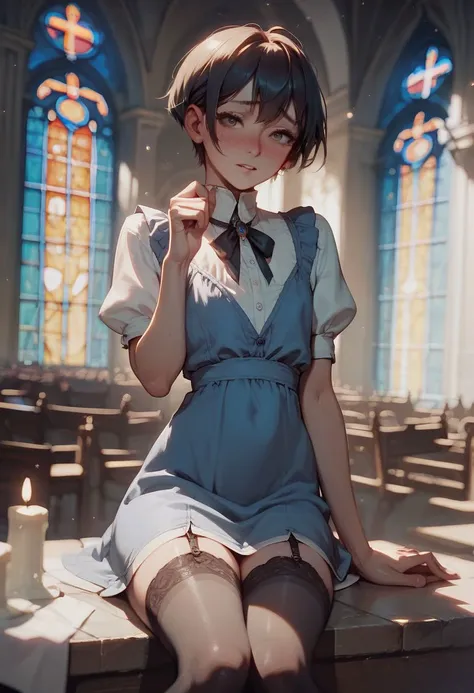 score_9, score_8_up, score_7_up, femboy, beautiful eyes, relaxed, (blush, embarrassed:0.5), short tunic, stockings, short hair, church village background,