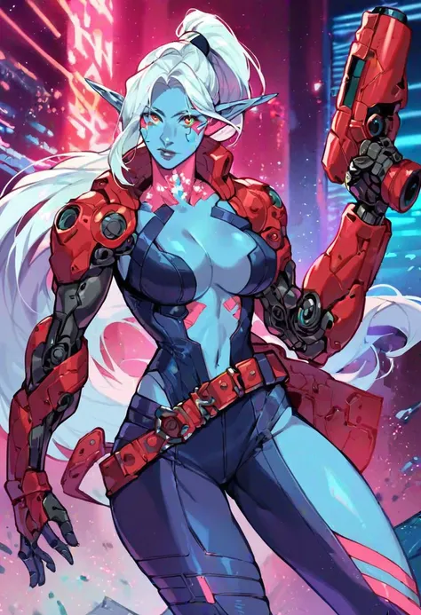 score_9, score_8_up, score_7_up,
intricate cyberpunk city background, Cyberpunk Style,
Character Tags: Lady Deadpool, shadowrun street samurai, Dark Elf, blue skin, pointed ears, silver hair, curvy body, bodysuit, belt, armor, very long hair, very high ponytail, cybernetic arm, cybernetic implants in face, 
Action Tags: looking at viewer, holding a huge gattling cannon over shoulder,
photo