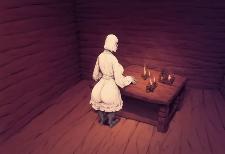 score_9, score_8_up, score_7_up, solo, (1girl:1.5), (female:1.5), big breasts, big ass, (hands:1.5), white robe, old cabin interior, candle, light beam, table, (potets:1.6), standing, full body, halo, rear view