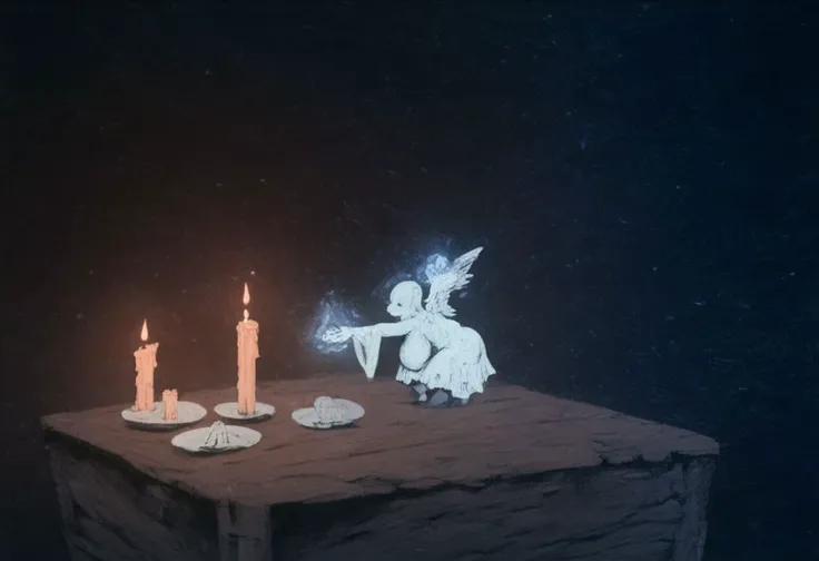 score_9, score_8_up, score_7_up, solo, (1girl:1.5), (female:1.5), big breasts, big ass, (hands:1.5), white robe, dark forest background, candle, light beam, table, missionairy, full body, halo, side view, (magic:1.4), (potets:1.6)