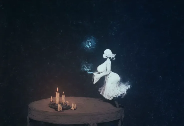 score_9, score_8_up, score_7_up, solo, (1girl:1.5), (female:1.5), big breasts, big ass, (hands:1.5), white robe, dark forest background, candle, light beam, table, missionairy, full body, halo, side view, (magic:1.4), (potets:1.6)