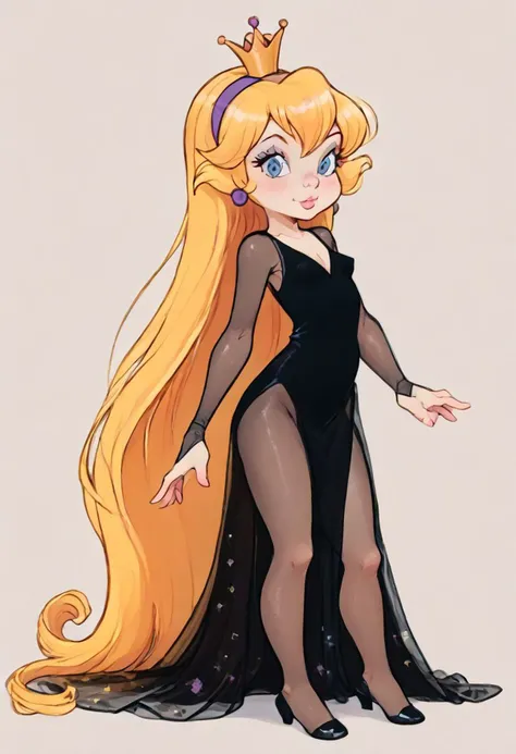 score_9, score_8_up, princessdaphne, long blonde hair, sheer black dress, full body, digital art, highly detailed, zPDXL