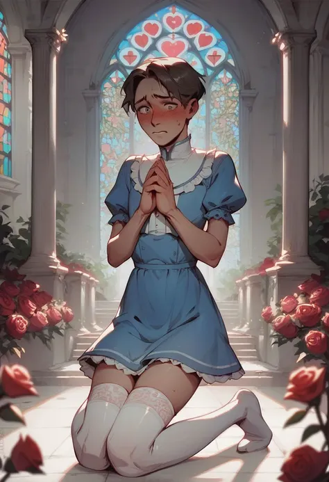 score_9, score_8_up, score_7_up, rating_explicit, 1boy, crossdresser, beautiful eyes, relaxed, embarrassed, short tunic, stockings, short hair, praying, on the knees, church village background, rose garden, pillars,